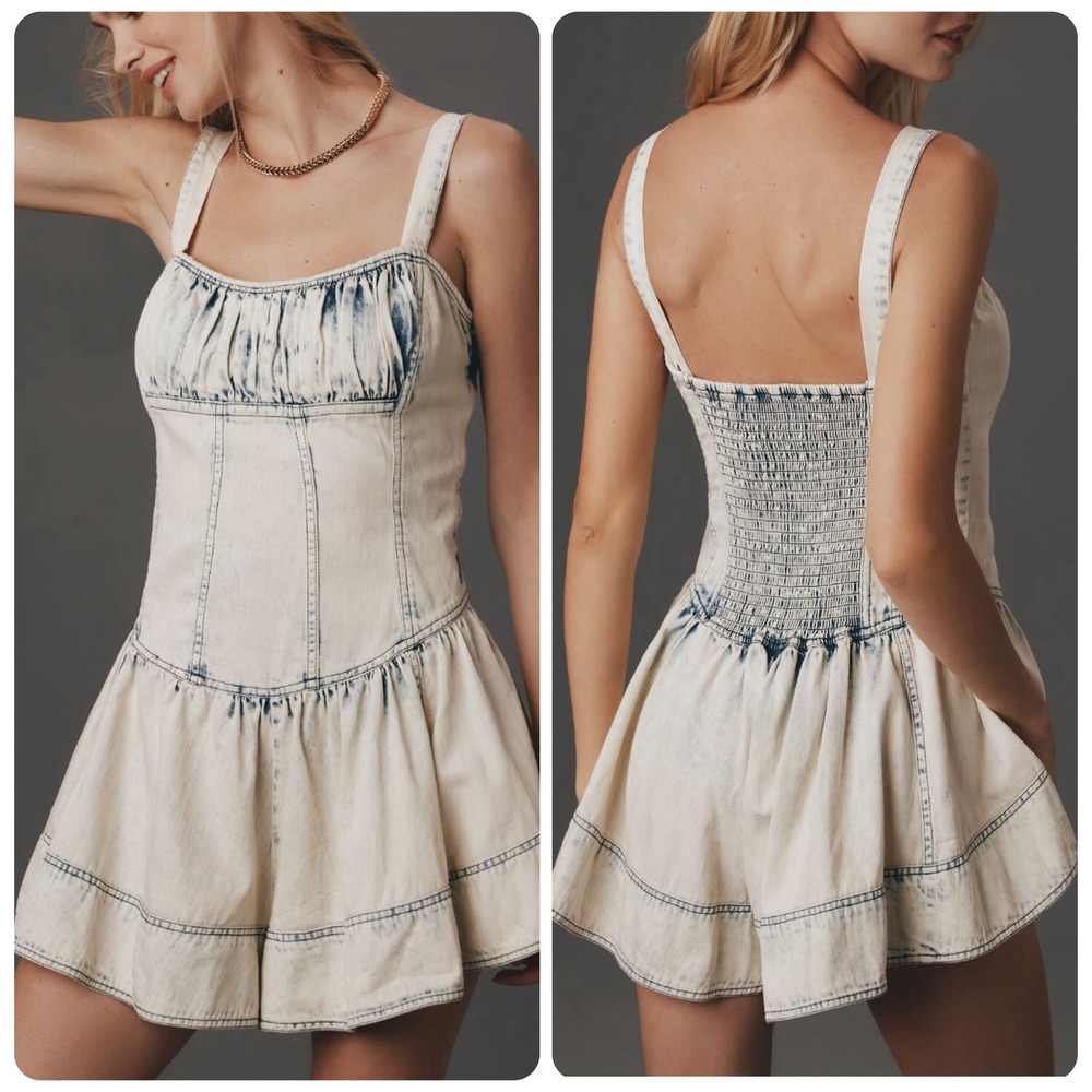 Pilcro Cream Wash Denim Romper with Blue Accents